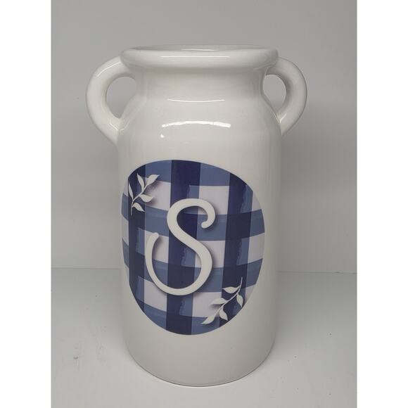 Blue Gingham Farmhouse Utensil Canister Kitchen Vase Jug Decor Initial S - Picture 1 of 2